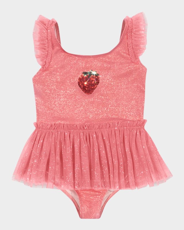 Girl's Amandine Sparkle Tulle Skirt One-Piece Swimsuit, Size 9M-10